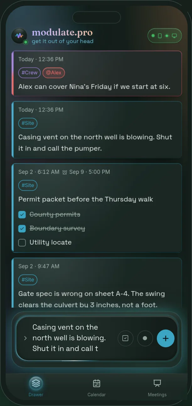 modulate.pro on a phone: a note being typed into the composer at the bottom of the screen, over a feed of cards each carrying its tags and the person it is about, with the drawer, calendar and meetings rail beneath.